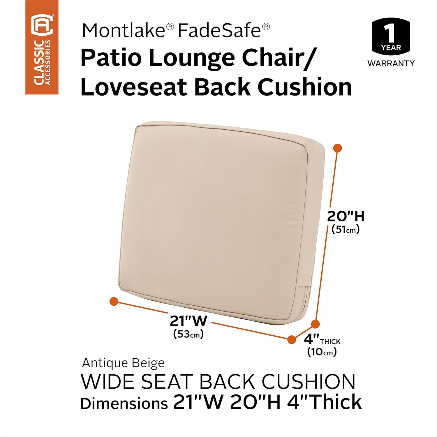 Classic Accessories Montlake Water-Resistant 21 x 20 x 4 Inch Patio Lounge Back Cushion, Antique Beige : Garden & Outdoor