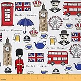 Feelyou England Big Ben Fabric by The Yard, British Soldier London Telephone Booth Upholstery Fabric for Chairs Sofa Couch, Retro UK Theme Outdoor Fabric Waterproof, 1 Yard, Blue Red
