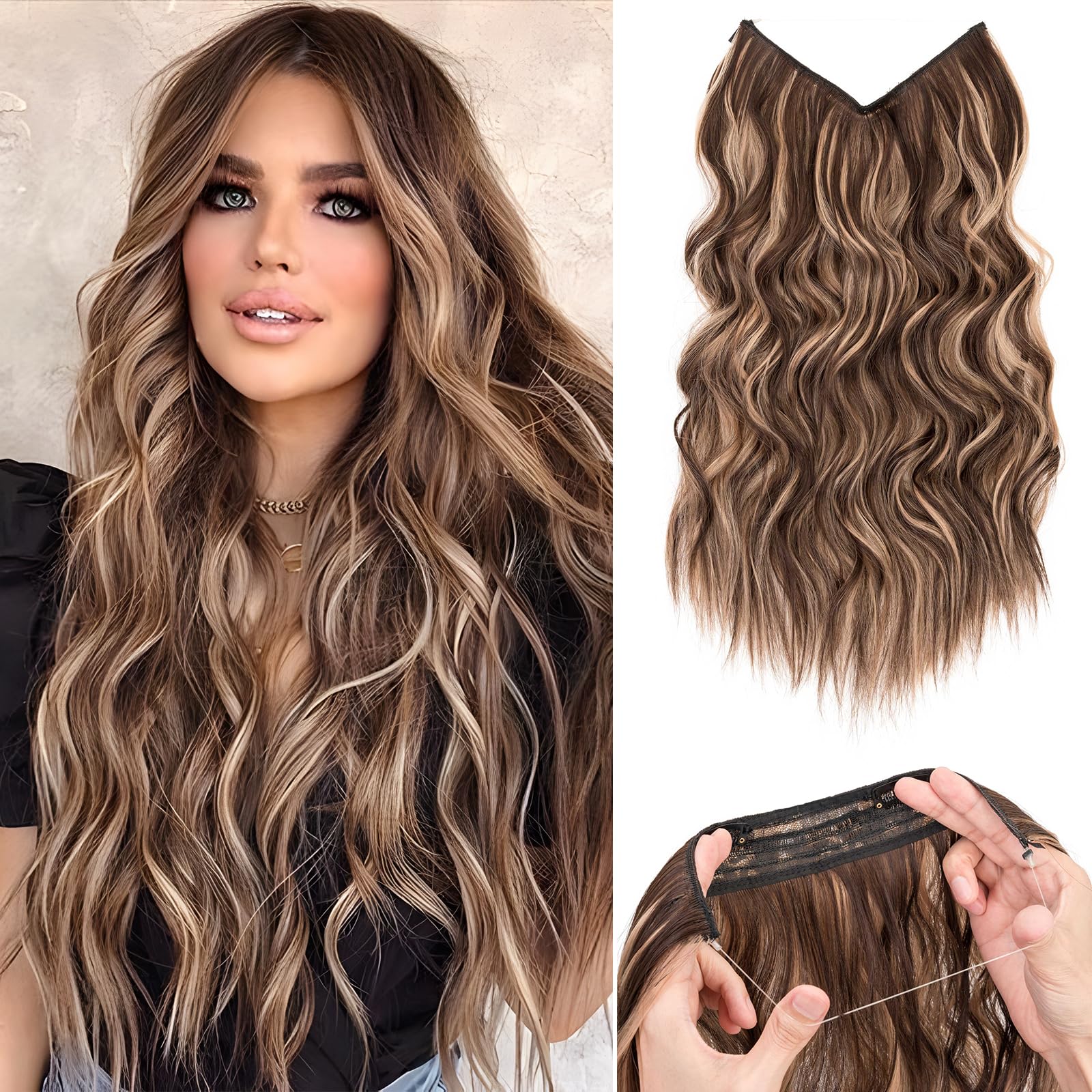 Benehair Invisible Wire Hair Extension 16 Inches Secret Wire Hair Extension with 4 Secure Clips Synthetic Hair Piece Long Wavy Hairpieces for Women, with 1 Comb Light Linen Mixed Withered Yellow #8P24