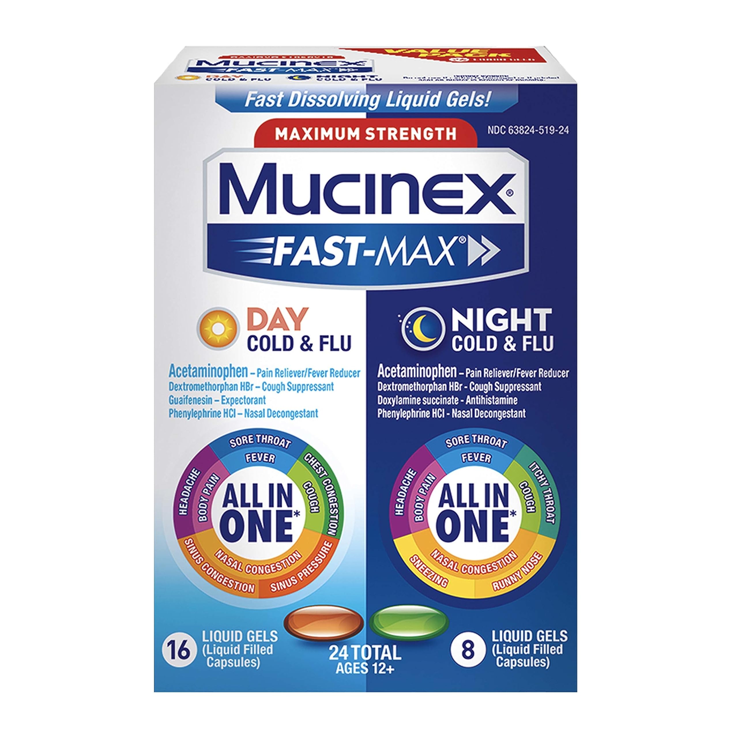 Mucinex Maximum Strength Sinus-Max Pressure, Pain & Cough & Fast-Max Maximum Strength Cold & Flu Day and Night Medicine, All-in-One Multi-Symptom Relief