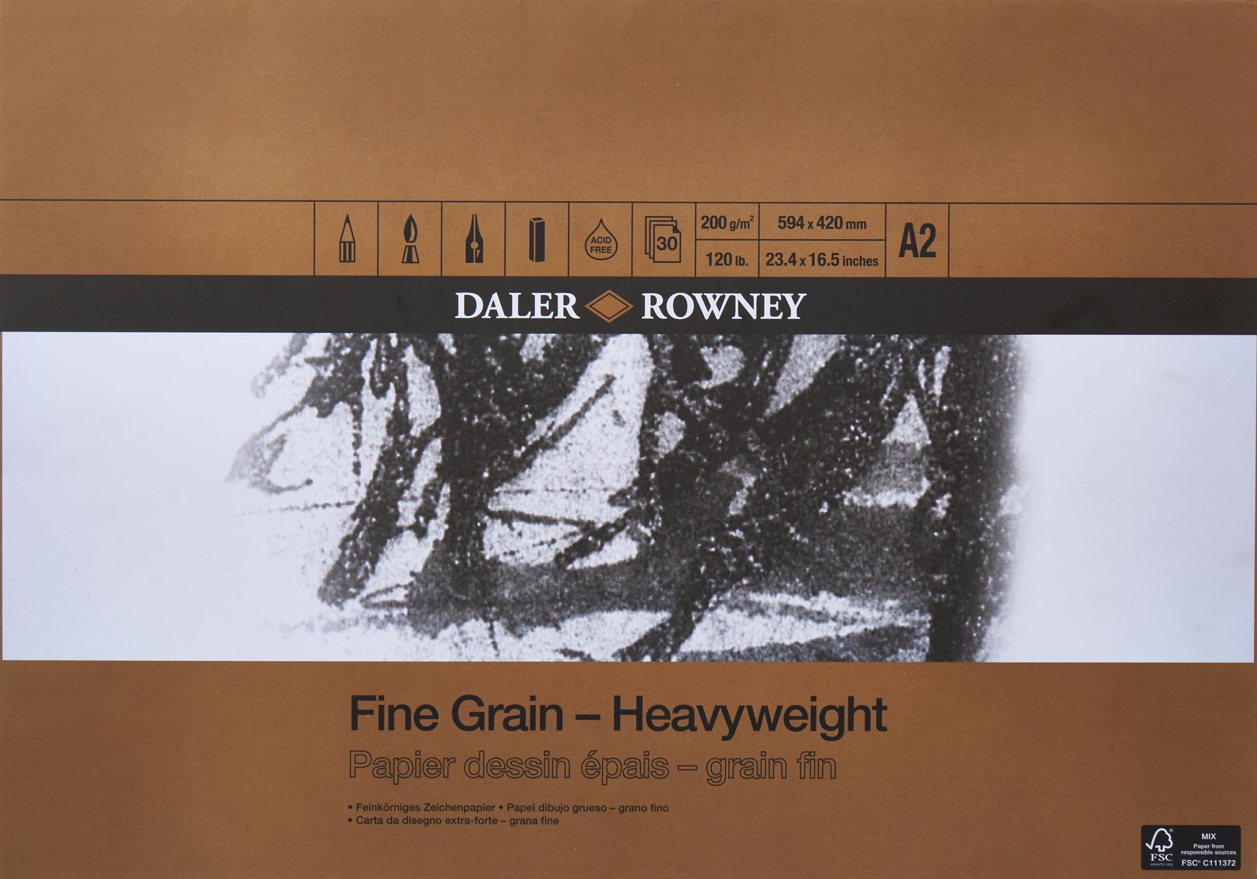 Daler-Rowney Fine Grain Lightly Textured Heavyweight 200gsm A2 Drawing Paper Pad, Glued 1 Side, Acid-free, 30 White Sheets, Ideal for Professional Artists & Students