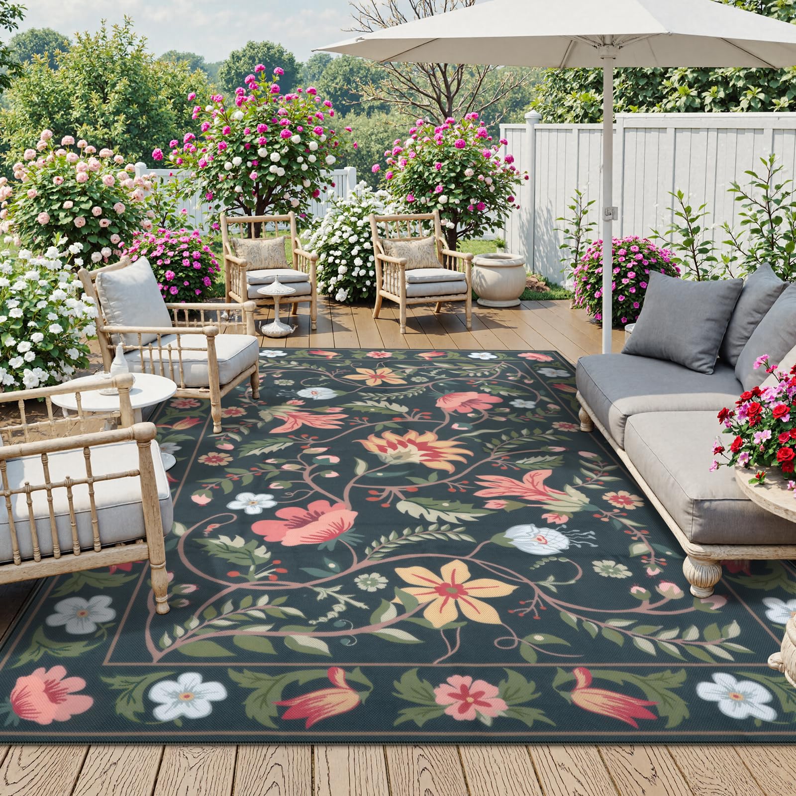 Photo 1 of Uphome Indoor Outdoor Area Rug 8x10 ft, Large Floral Patio Rugs for RV Camping Outside, Washable Living Room Mat Non Slip, Breathable Floor Carpet for Bedroom Deck Porch Backyard, Black