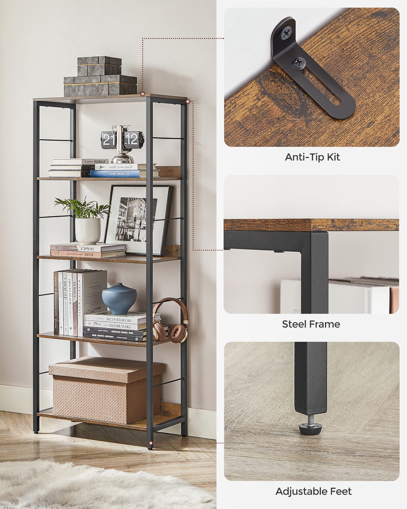 VASAGLE 5-Tier Bookshelf, Bookcase for Office, 11.8 x 23.6 x 56.7 Inches, Shelving Unit, with Back Panels, Industrial Style, for Living Room, Study, Home Office, Rustic Brown and Black ULLS117B01