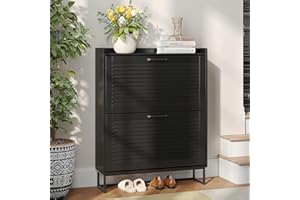 Maupvit Shoe Storage Cabinet with 2 Flip Louvered Doors, Freestanding Organizer with Metal Legs, Shoe Cabinet for Entryway, Narrow Shoe Rack Cabinet, Black