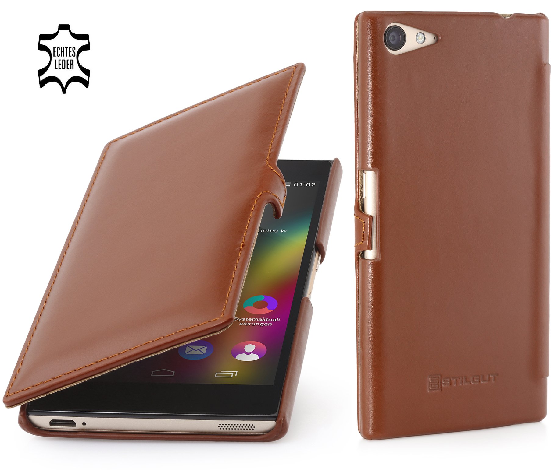 StilGut Leather Book Type Case with Closure Compatible with Wiko Highway Star, Cognac Brown