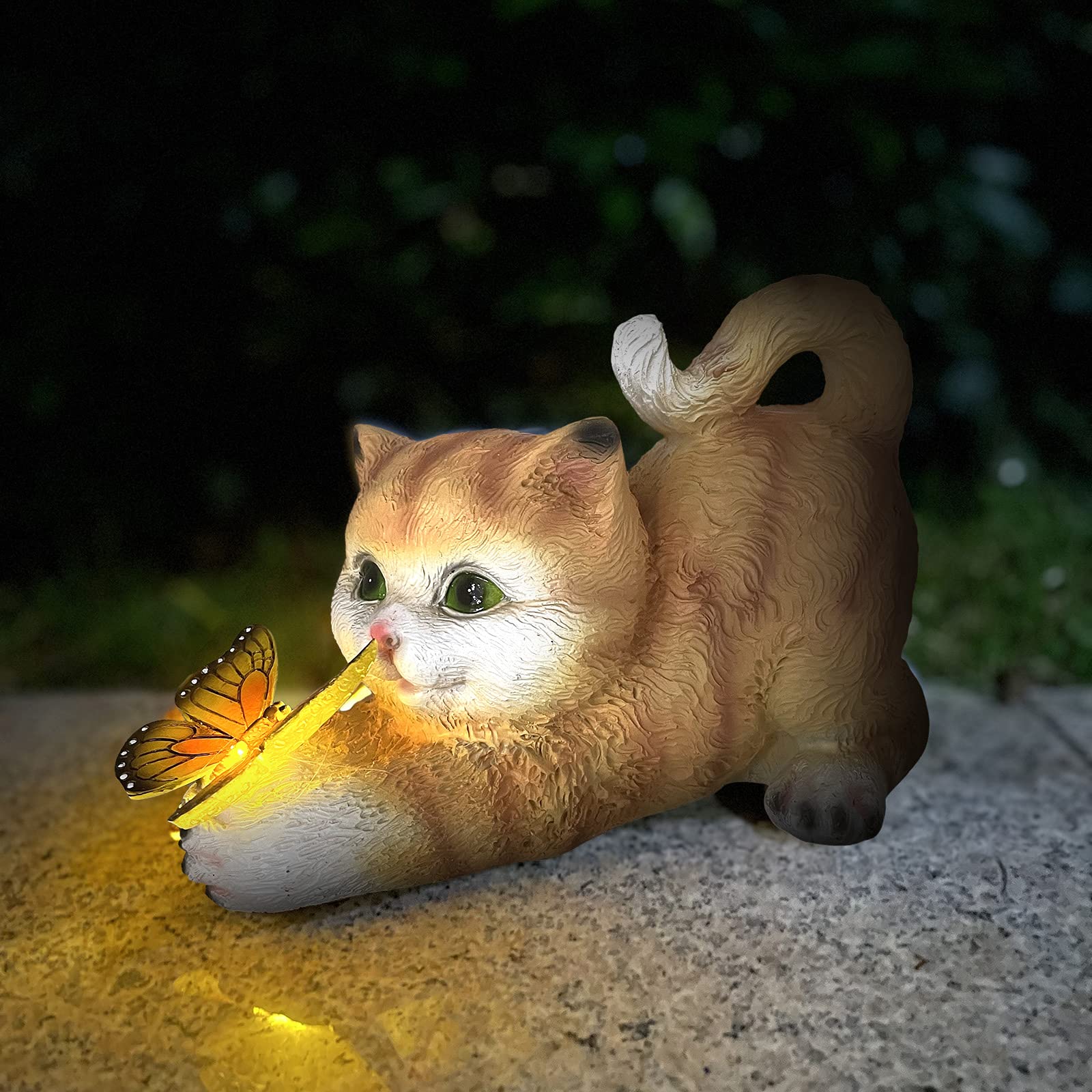 HIAME Cat Sculpture - Resin Solar-Powered Garden Decoration - Yellow Butterfly Theme - Outdoor Use