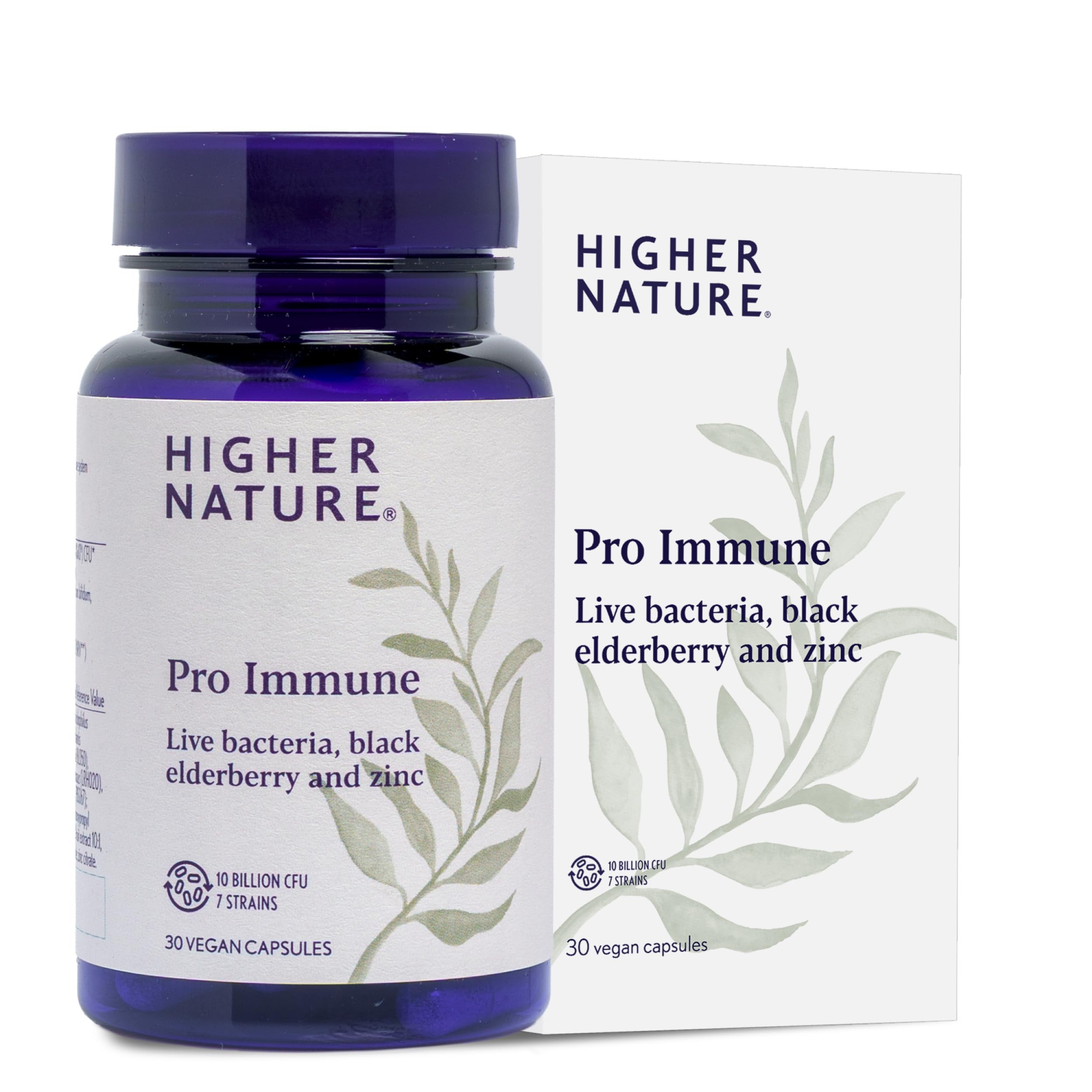 Higher Nature - Pro Immune - Triple Action Immune Support Probiotic - Live Bacteria, Black Elderberry and Zinc - 7 Bacteria Strains - 10 Billion CFUs - Vegan Probiotics - 30 Capsules