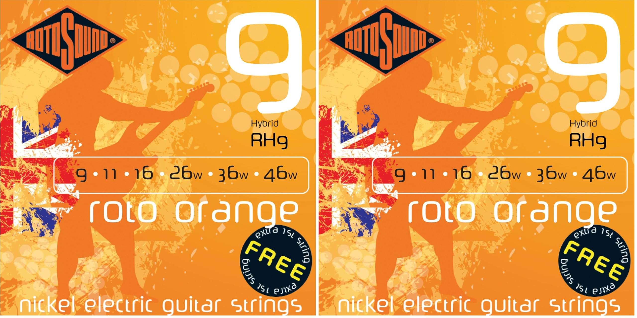 Rotosound RH9 Nickel Hybrid Gauge Electric Guitar Strings (9 11 16 26 36 46) (Pack of 2)