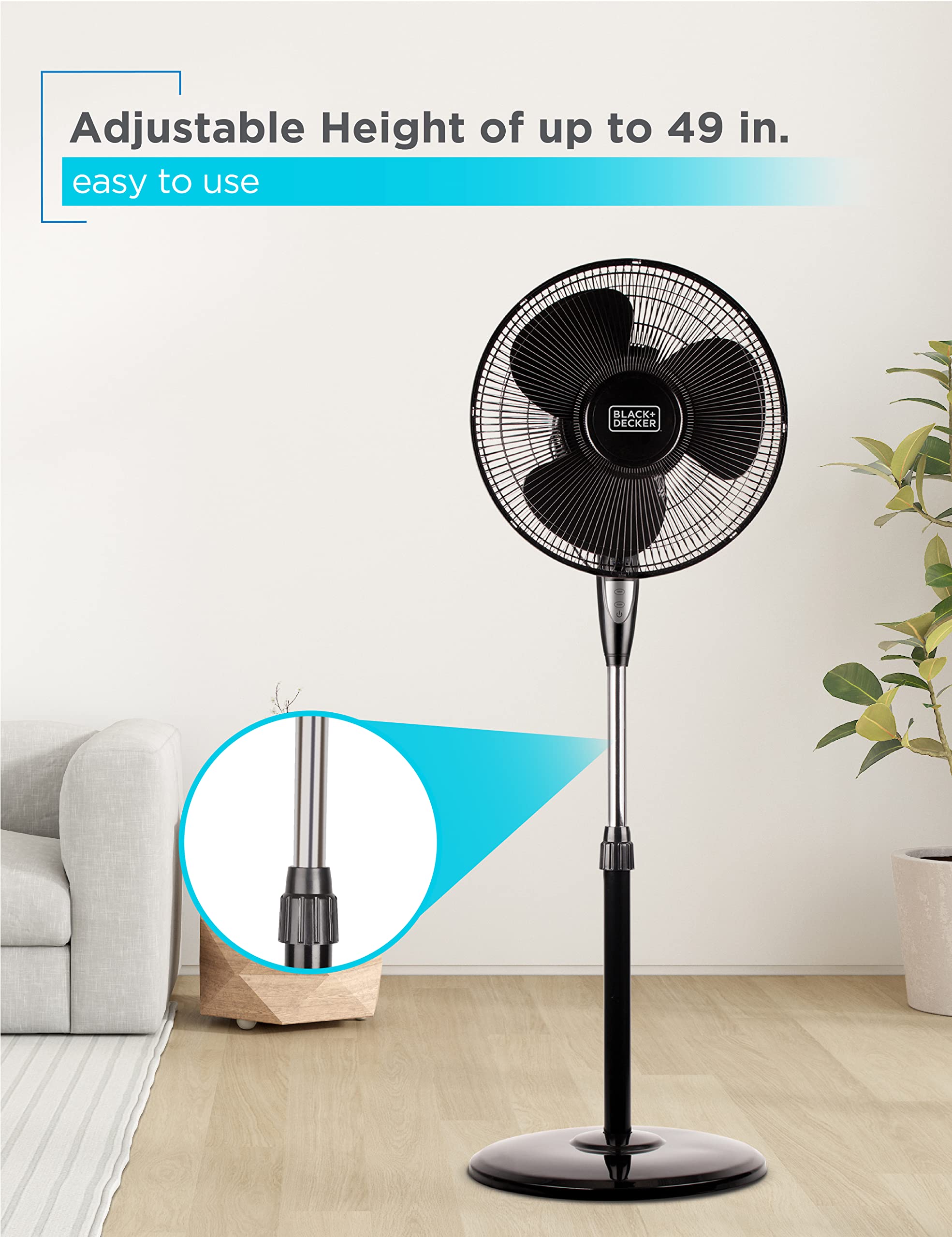 BLACK+DECKER 16 Inches Stand Fan with Pedestal Base, Height Adjustable Pedestal Fan with Remote and Touch Control Panel, Free Standing Fan with 90-Degree Oscillating and 3-Speed Settings, Black
