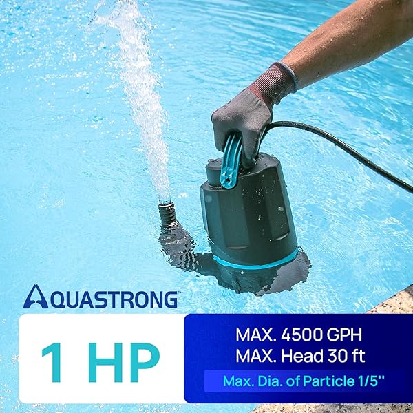 AQUASTRONG SUMP PUMP 1 HP 4500 GPH SUBMERSIBLE WATER PUMP THERMOPLASTIC PORTABLE UTILITY PUMP HIGH FLOW WATER REMOVAL FOR SWIMMING POOL GARDEN POND BASEMENT WINDOW WELLS WITH 10FT LONG POWER CORD