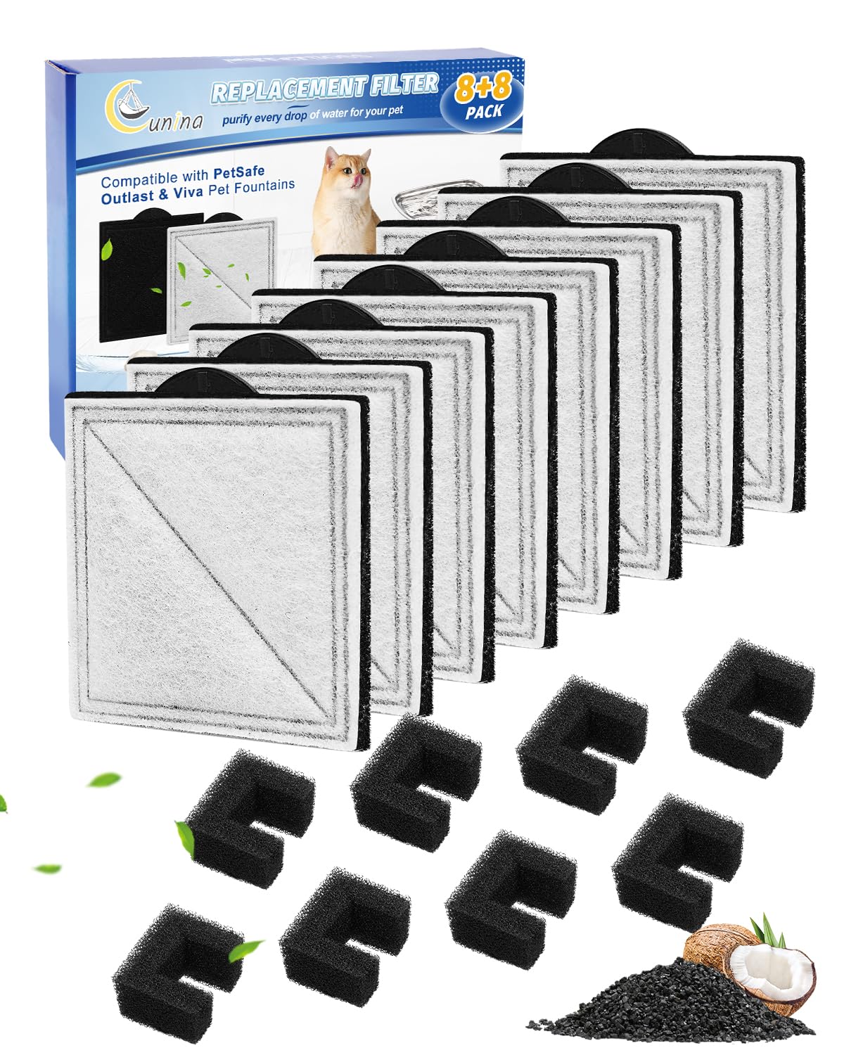 Photo 1 of Cunina 8+8 Pack Cat Fountain Filter Replacement Kit Fit for Viva Pet Water Fountains for Cats and Dogs, Carbon Filters Compatible with PetSafe Outlast Fountain