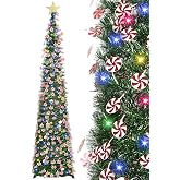 HMASYO 6 FT Pop Up Tinsel Christmas Tree with 100 Colored Timer Lights &amp; Remote, Green Candy Collapsible Artificial Pencil Tree Xmas Decoration for Home, Office, Party, USB Powered, Easy Assembly