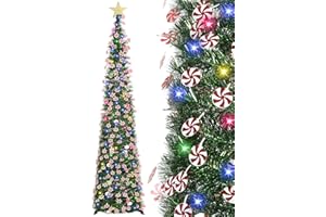 HMASYO 6 FT Pop Up Tinsel Christmas Tree with 100 Colored Timer Lights & Remote, Green Candy Collapsible Artificial Pencil Tree Xmas Decoration for Home, Office, Party, USB Powered, Easy Assembly