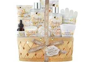 LOVESTEE Mothers Day Gifts Bath & Body Spa Gift Basket for Women, Best Gift for Mother's Day & Birthday, White Rose Set Body Lotion, Shower Gel, Bubble Bath, Bath Salt, Towel, Soap, Oil, Candle, Gloves,