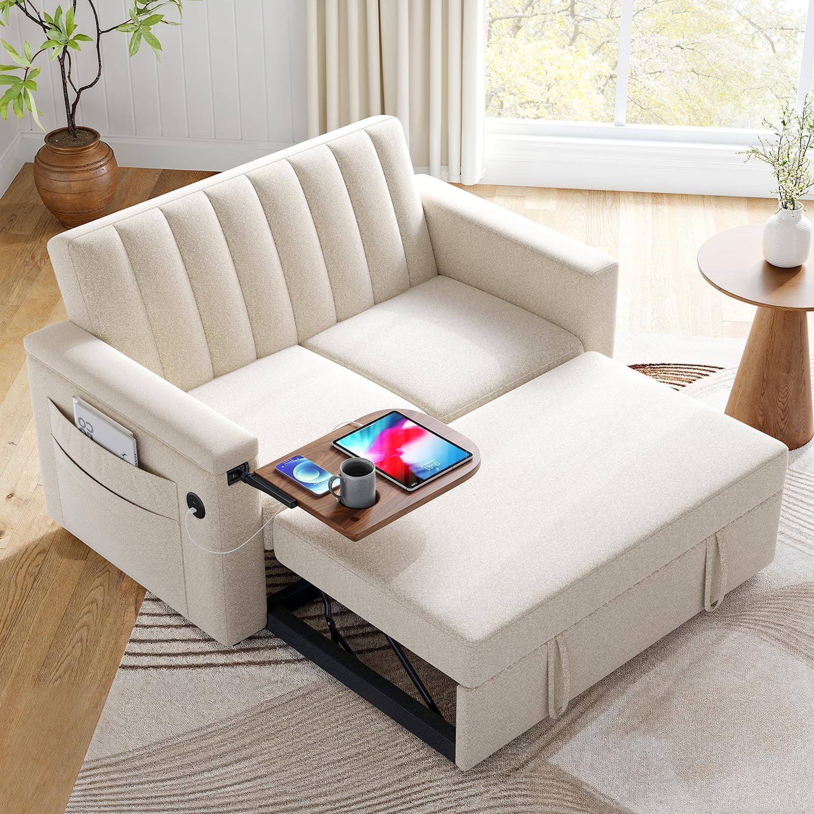 Photo 1 of **SELLING FOR PARTS. MISSING HARDWARE **Marsail 3-in-1 Convertible Sofa Bed, 54" Sleeper Sofa with Solid Wood Side Table & Frame, Pull-Out Couch with USB Ports & Side Pockets, Loveseat Sofa with Adjustable Backrest, White