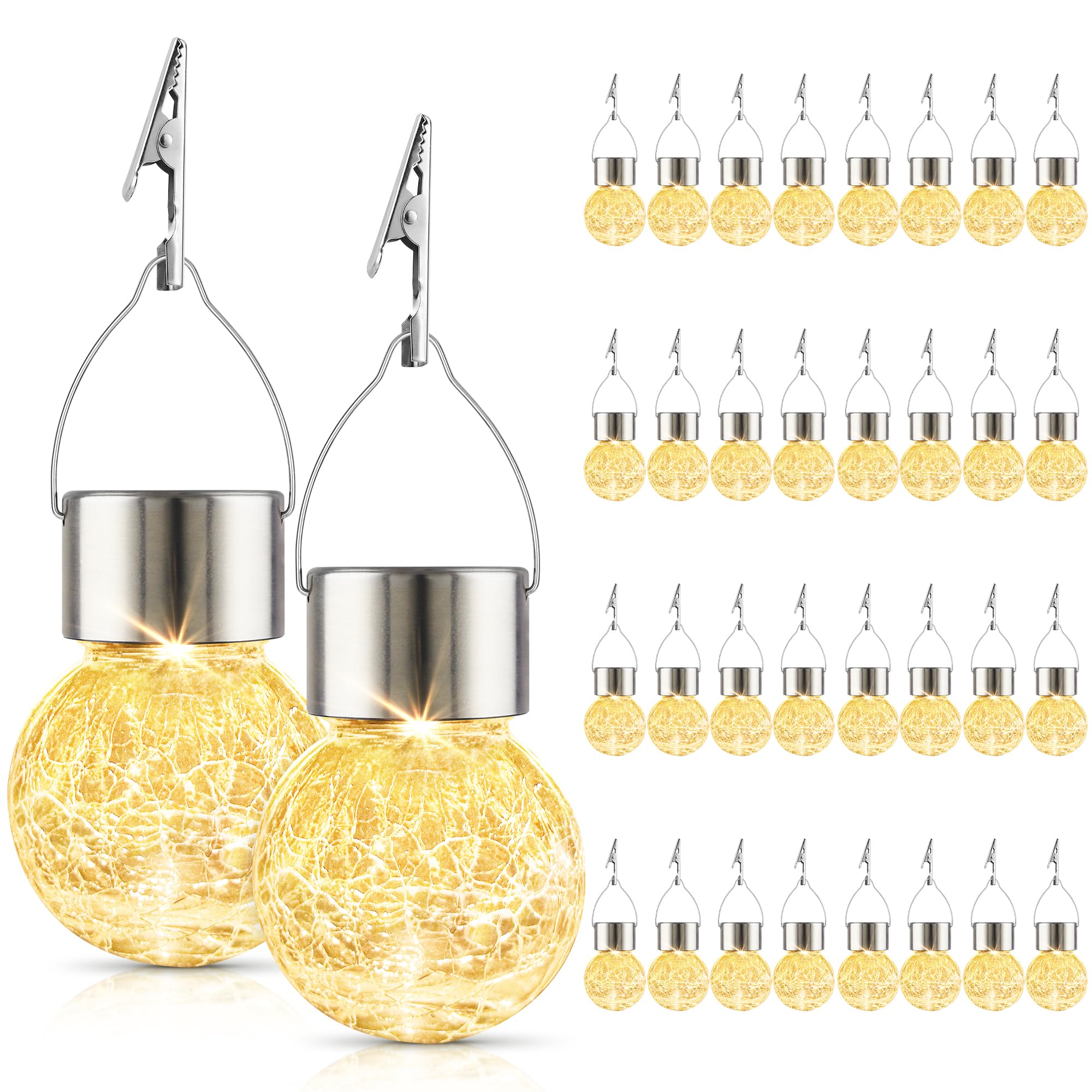 Photo 1 of Solar Lights Outdoor Decorative 32 Pack, Hanging Solar Garden Lights Waterproof, Solar Powered Globe Lantern Cracked Glass Ball Lights for Yard Patio Fence Tree Umbrella Holiday Decoration, Warm White