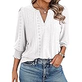 Dokotoo Womens Summer 2026 Hollow Out Blouses 3/4 Length Sleeve Business Tops Dressy Casual V Neck Cute T-Shirts