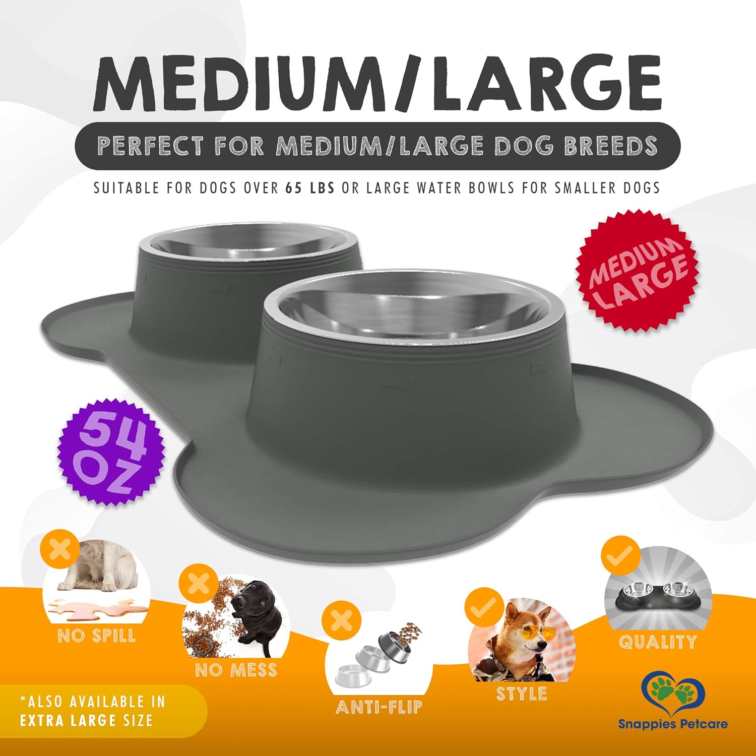 Kitchen & Dining : Dog Bowls & Mat Set - Two 27oz (54oz Total) Removable Stainless Steel Bowl Set in a Stylish No Mess, No Spill, Non Skid, Silicone Mat. Food & Water Bowls for Medium to Large Dogs Grey : 