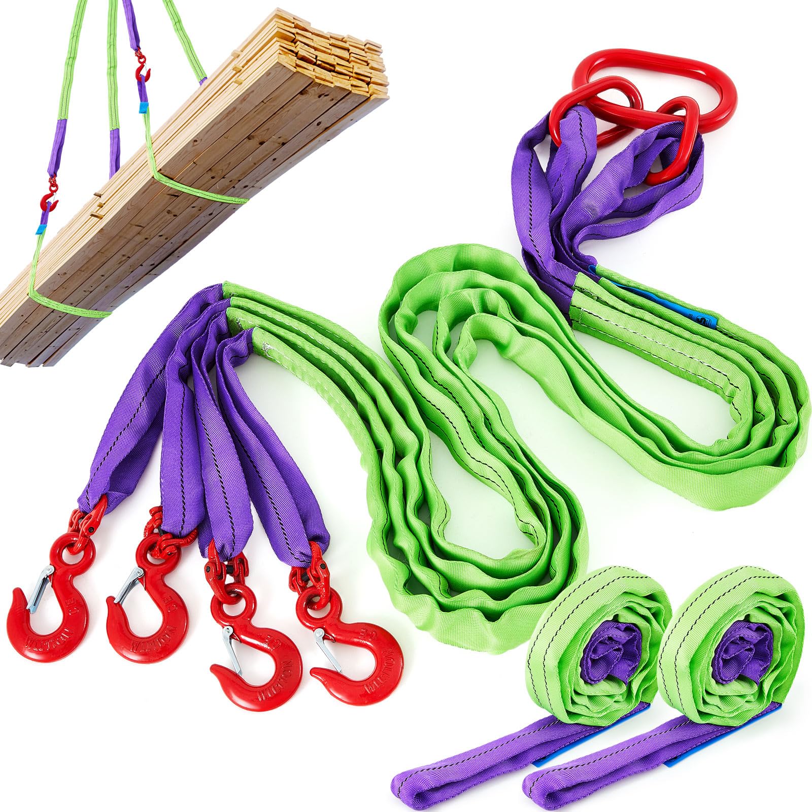 Photo 1 of GliCraft 3 Pcs 6.6 FT Polyester Heavy Duty Lifting Rigging Straps Four Leg Bridle Web Sling with Hook & Twist Eye Lift Slings Tree Saver Webbing for Hoist Tow Engine Crane Truck 6600 lbs Capacity