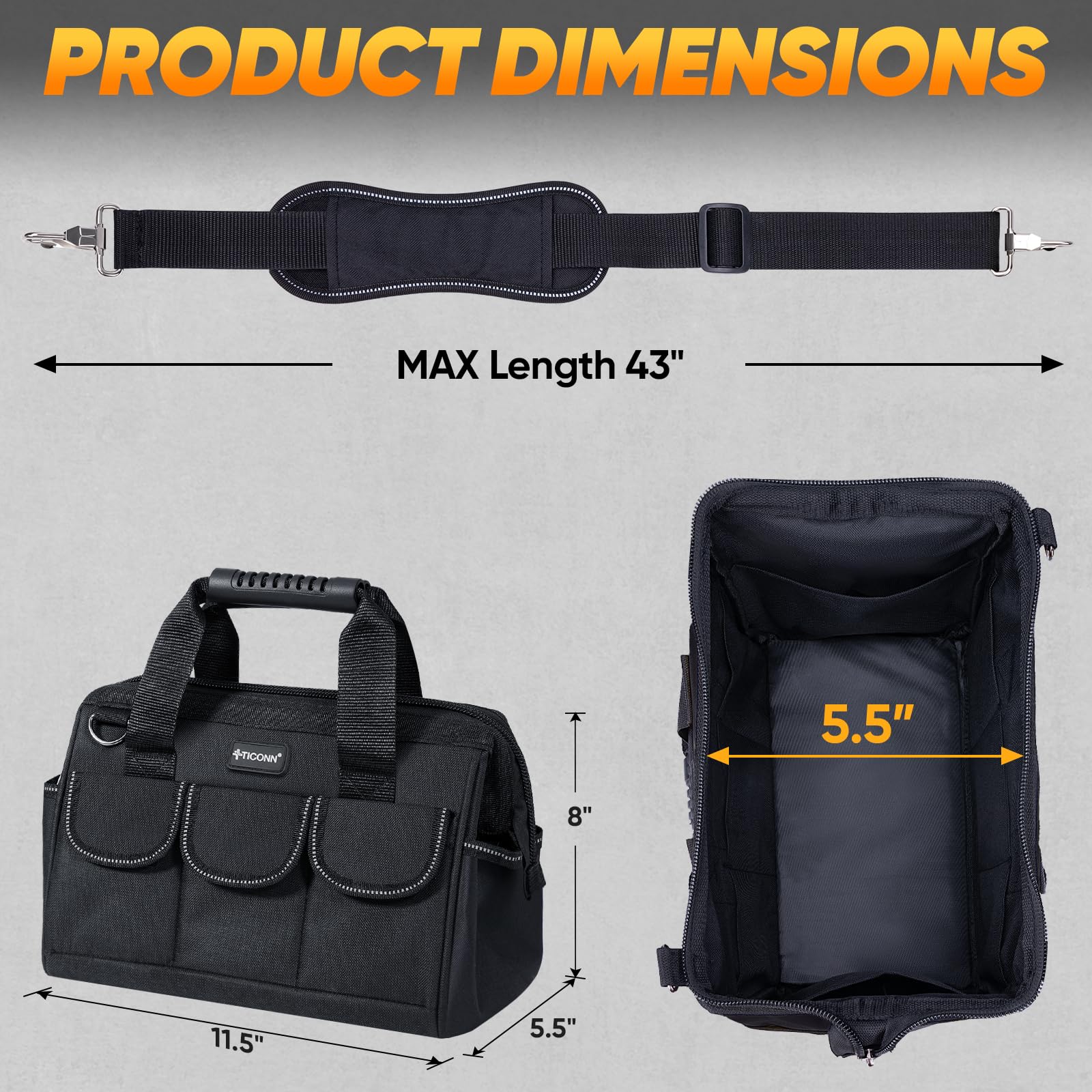 TICONN Heavy Duty Tool Bag with Multi-Pockets, Portable Tool Box Organizer Storage Bag, with Adjustable Shoulder Strap and Ergonomic Handle (Black, 12