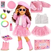 11 Pcs American 18 Inch Doll Clothes &amp; Makeup Accessories Playset | Include Beret T-Shirt Jacket Skirt Boots Phone Doll Makeup Playset Eye Shadow Lipstic for 18 Inch Girl Dolls Playset