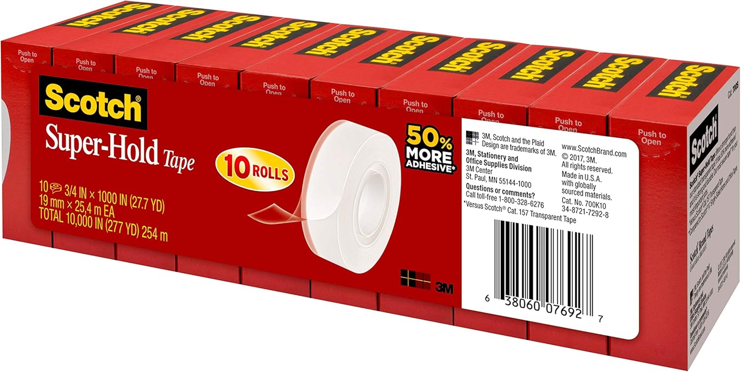 Scotch Super-Hold Tape, 10 Rolls, Transparent Finish, 50% More Adhesive, Trusted Favorite, 3/4 x 1000 Inches, Boxed (700K10) : Office Products