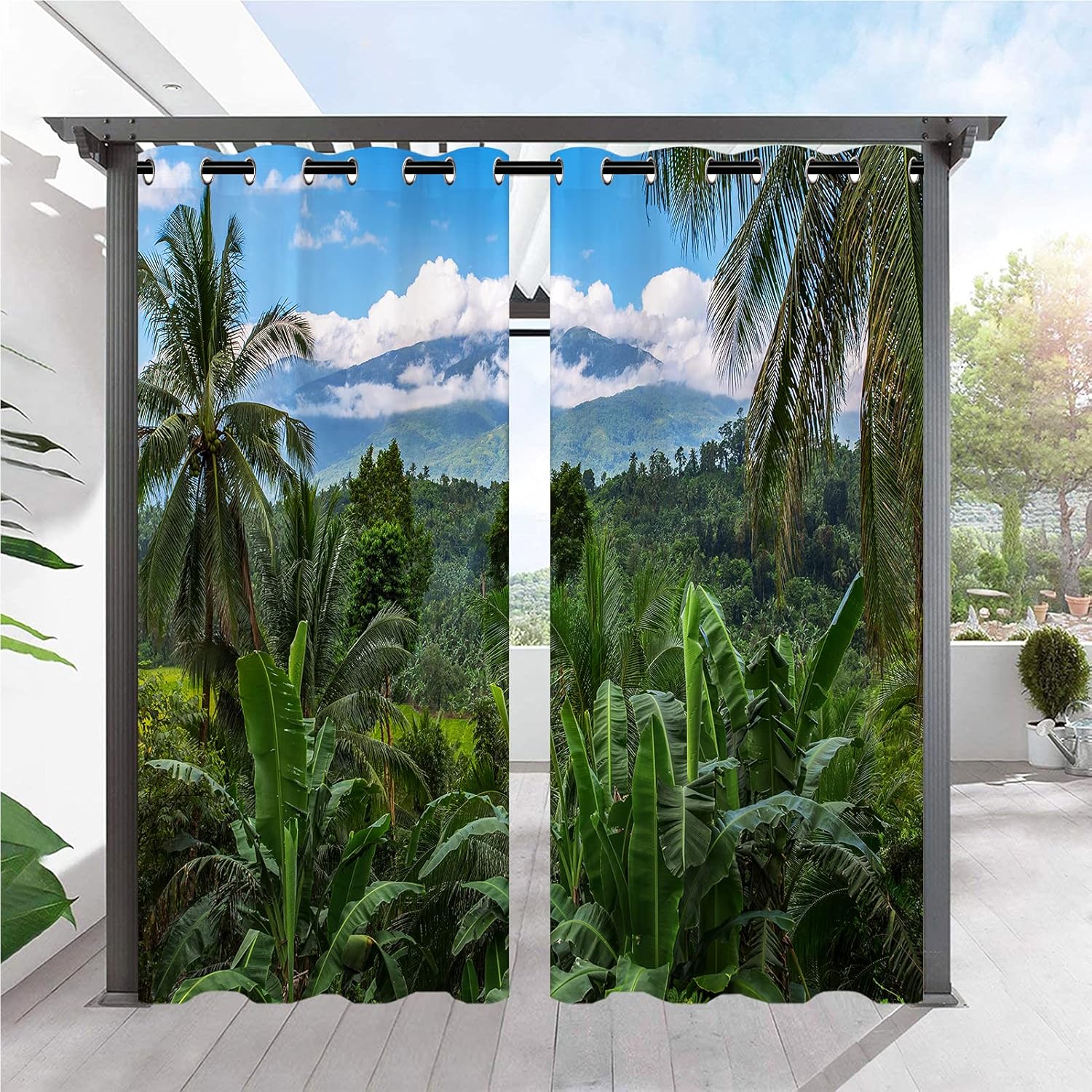 Outdoor Curtains - ANHOPE Outdoor Curtains for Patio Waterproof Grommet Top Window Drapes with Tropical Rainforest Forest Landscape Print Pattern Outside Privacy Curtains for Pergola Gazebo Cabana 2 Panels 42 x 84 Inch