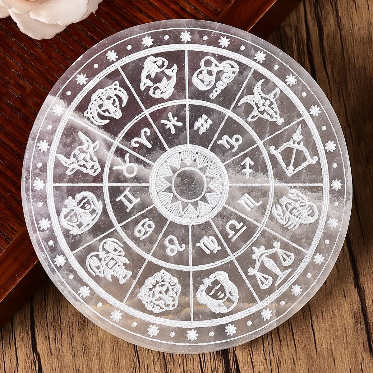 Indoor Fountains & Accessories - JIC Gem Round Etched Selenite Charging Plate 12 Star Engraved Selenite Slab Healing Crystal Charging Station 4 Inch
