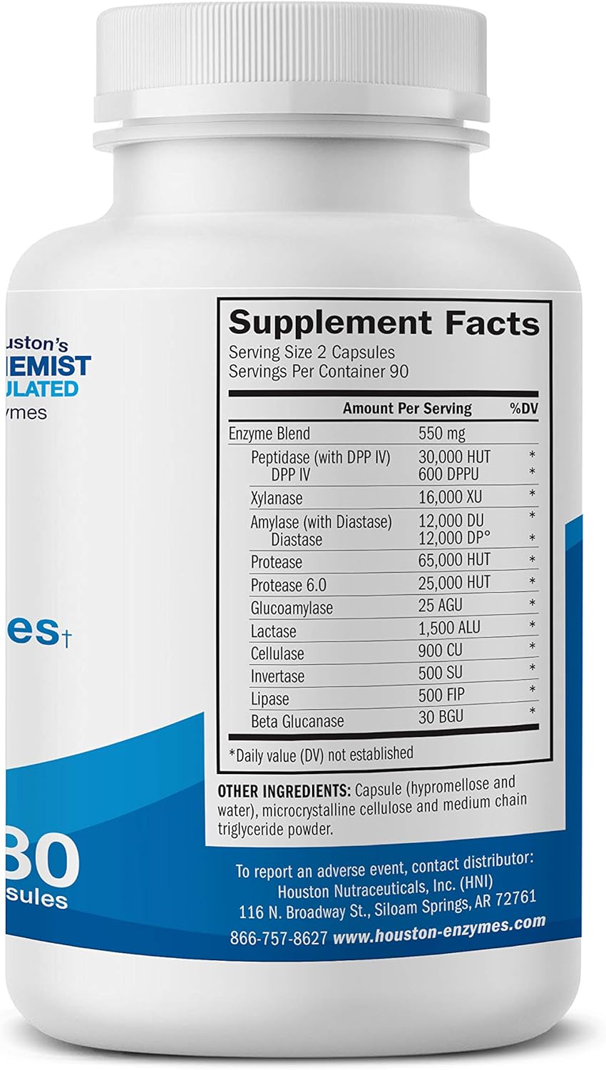 Houston Enzymes TriEnza – 180 Capsules (90 Doses) | Broad-Spectrum Enzymes for Digestive Intolerances | Supports Digestion of Gluten, Casein, Soy, Proteins, Carbohydrates, Sugars, Fats & Polyphenols: Health & Personal Care