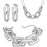 MYDREZIV Silver Jewelry Set for Women, Chunky Necklace for Women, Dangle Earrings, Chain Bracelet, Punk Style Chain Plastic Silver-Plating Set, Necklace and Earring Set