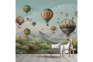 Hot Air Balloon Retro Mural Wallpaper, 78.7" x 55.1" Mural, Cartoon Balloons Wall Murals, Mountain Landscape Poster Hd Photo 