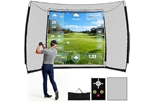 GYMMALL Golf Practice Hitting Net with HD Simulator Screen and Target Cloth, 10x8 FT Golf Driving Net for Indoor, Outdoor, Backyard and Garage, Golf Range Cage with Impact Resistance and Ball Return