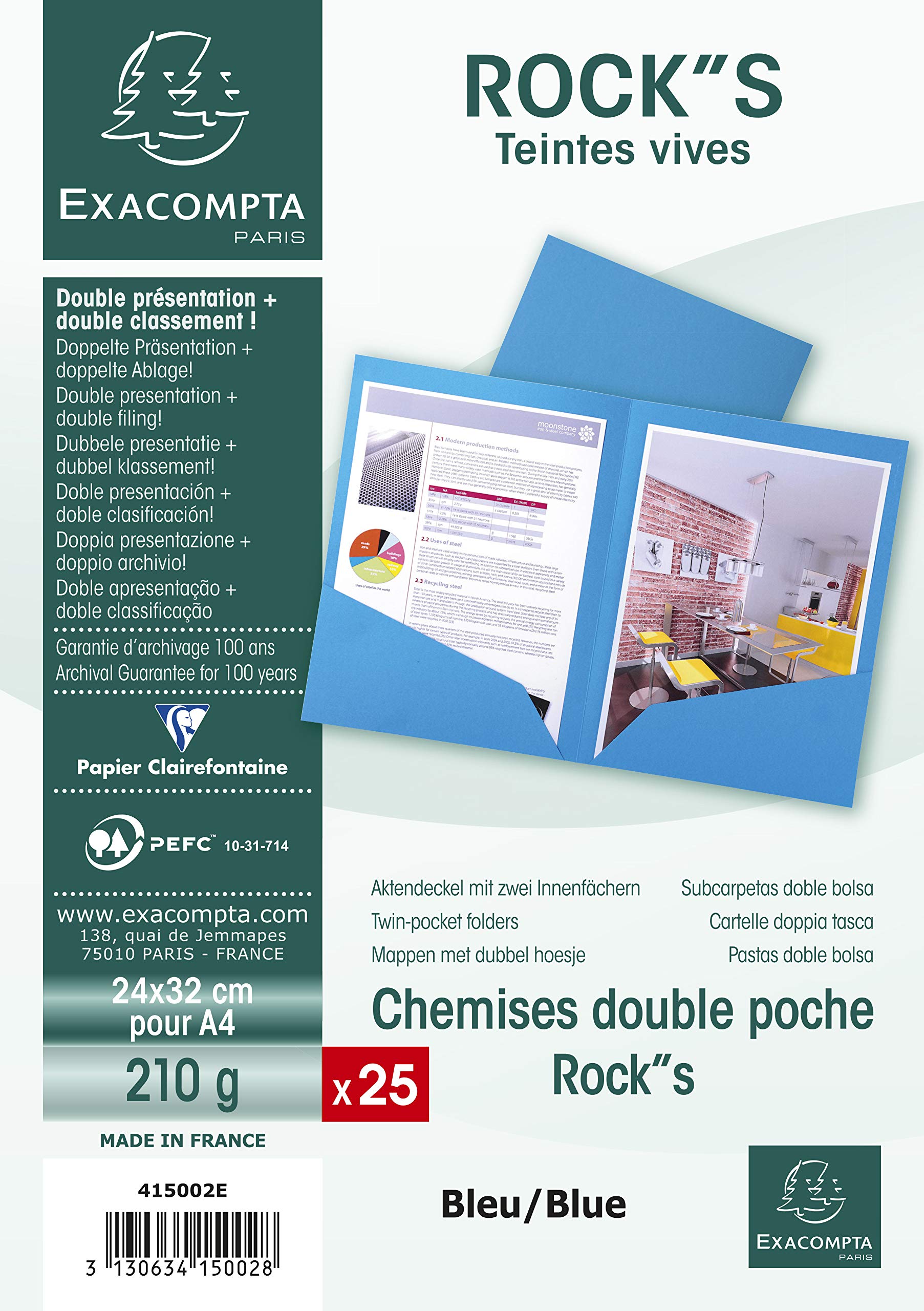 Exacompta - Ref 415002E - Rocks Collection - Double Pocket Folders - 240 x 320mm in Size, Suitable for A4 Documents, 210gsm Material - Blue (Pack of 25)