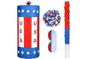 Vertintong 17'' 4th of July USA Patriotic Firecracker Pinata American Flag Red White and Blue Pinatas with Stick Blindfold and Confetti for Adults Fourth of July Veterans Independence Day Party Decor