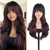 Haloo Brown Wigs with Bangs - Long Layered Natural Looking Synthetic Heat Resistant Wavy Hair Wigs for Women Daily Party, 26 Inch Black Brown Mixed Pink