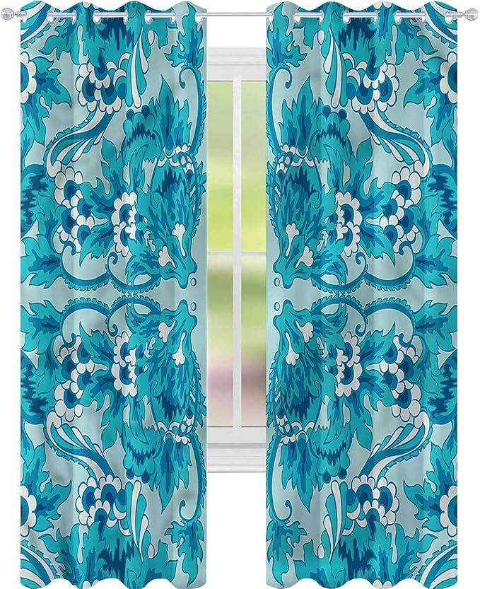 YUAZHOQI Blackout Window Curtain Turquoise Antique Floral Pattern Decor Curtains 52" x 95"(2