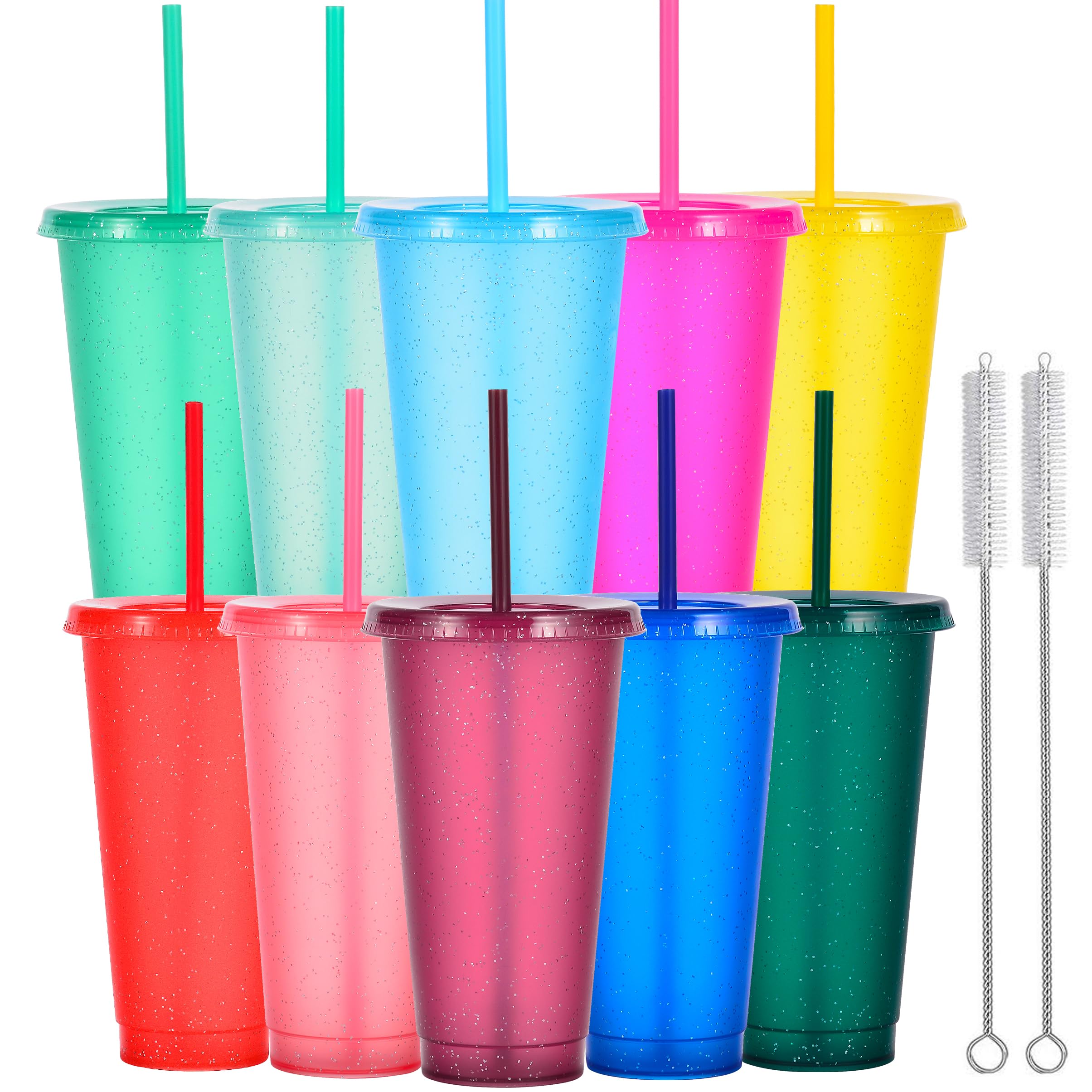 Yisituo 24 oz Reusable Plastic Cups, 10 Pack Cold Cups with Lid and Straw, Tumblers Travel Mugs for Adults Party and Beach, Pool Gatherings (10, Rainbow)