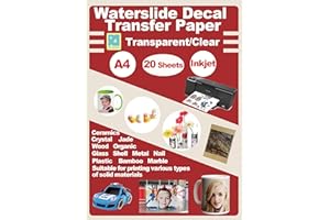 Rolurious Waterslide Decal Paper 20 Sheets Inkjet Clear Printable A4 Size Transparent Water Slide Transfer for Tumblers Mugs Glasses Wood