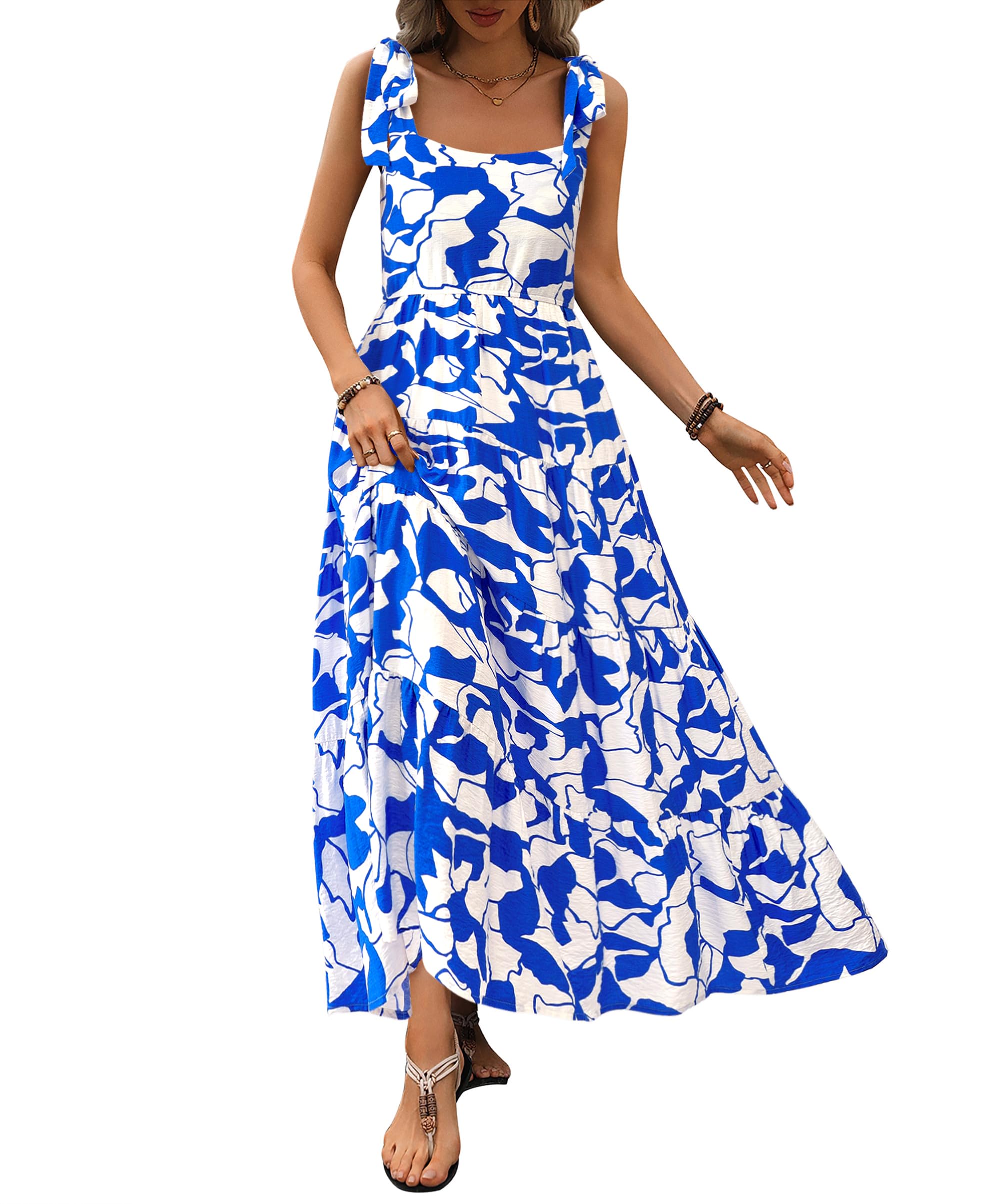 Photo 1 of PRETTYGARDEN Womens Dresses 2025 Summer Floral Sleeveless Maxi Dress Casual Spaghetti Strap Tiered Flowy Beach Long Dress(White Blue Flower,Small)