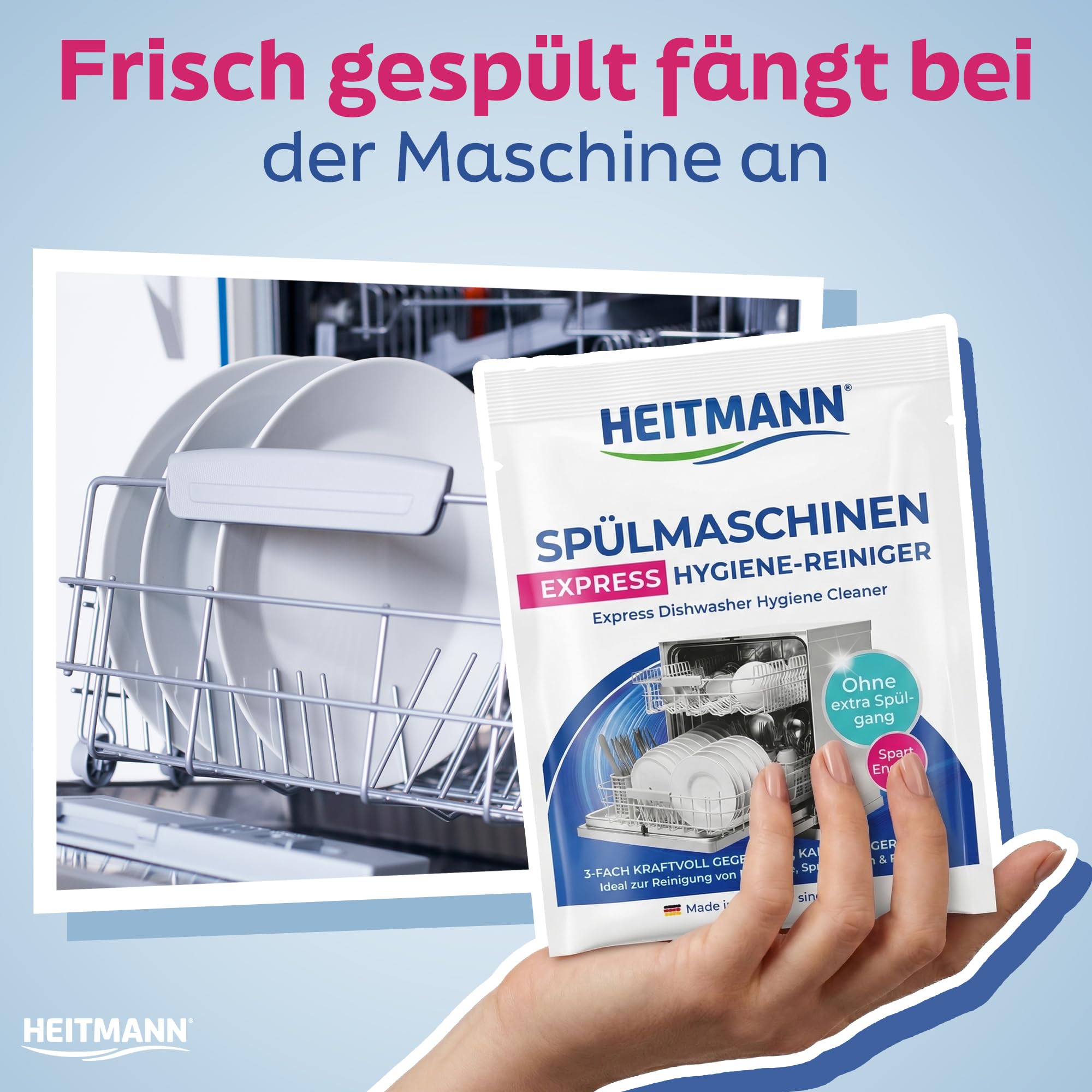 HEITMANN Spülmaschinenreiniger Express Hygiene-Reiniger 30 g | Dreifach-aktiv gegen Fett, Kalk & Gerüche | Maschinenreiniger für Spülmaschine | Für Sprüharme, Filter & Innenraum 3