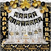 Black and Gold Birthday Decorations for Men Women, Happy Birthday Decorations Gold and Black Party Decoration Kit, Happy Birthday Banner Balloons Tablecover Fringe Curtain Swirls, Mens Man Bday Decor