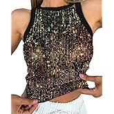 Rvnsu Women's Sequin Tank Top Sparkle Glitter Summer Sleeveless Blouse Crew Neck Slim Fit Club Party Vest