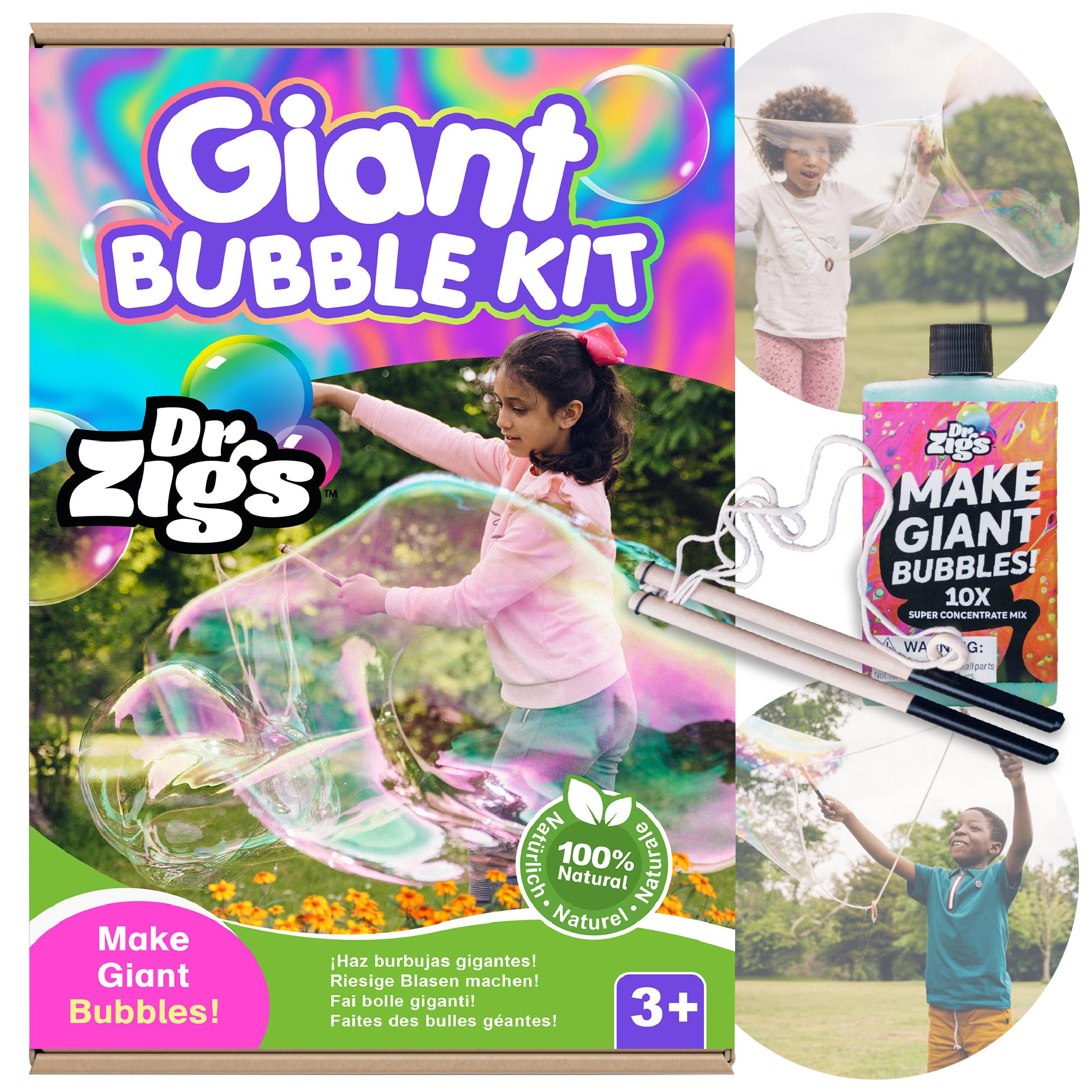 Giant Bubbles Kiddie Starter Kit Small For Kids by Dr Zigs for Outdoor Kids Fun - Large Bubble Wand with 1 Liter, Litre Ready to Go not Concentrate Solution Mix, Not Standard Soap Mixture, Special Big Bubble Guarantee Mix - 100 % Safe CE Marked (View amazon detail page)