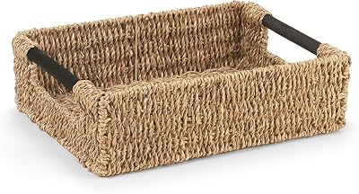 woodluv Large Weaved Storage Basket Seagrass with Wooden Handles 27.5x37.5x11 cm