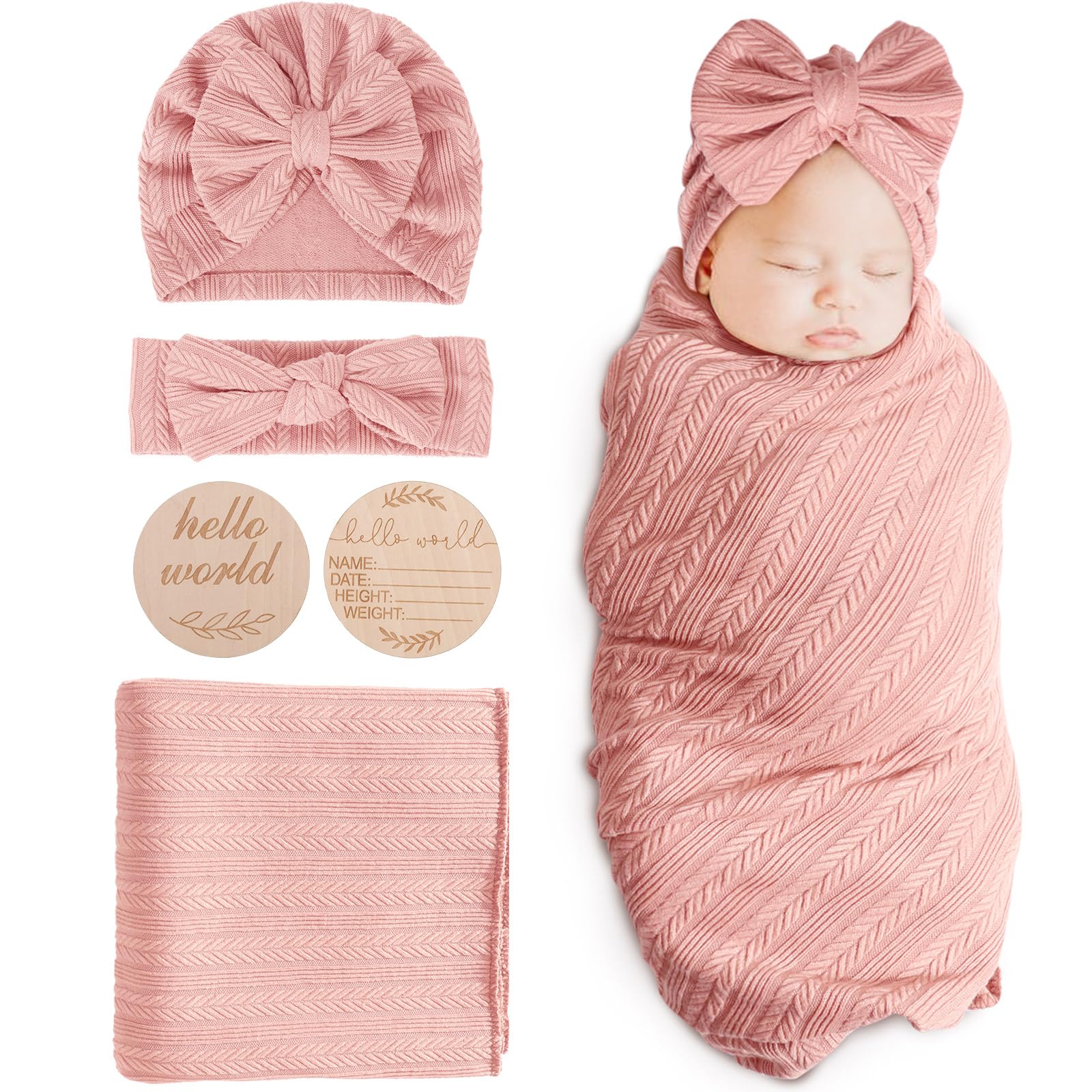 DRESHOW Newborn Baby Blanket Soft Swaddle Blankets for Infant Swaddling Receiving Warm Wraps with Bow Hat Headband