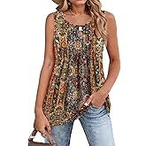 Zeagoo Women's Summer Tank Tops 2026 Pleated Crew Neck Floral Solid Loose Fit Casual Sleeveless Flowy Boho Tunic Shirts