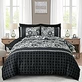 WONGS BEDDING Black Comforter Set Queen, 7 Pieces Bed in a Bag Floral Geometric Patchwork Soft Microfiber Comforter Bedding Set with Comforter, Flat Sheet, Fitted Sheet, Pillow Shams,Pillowcases