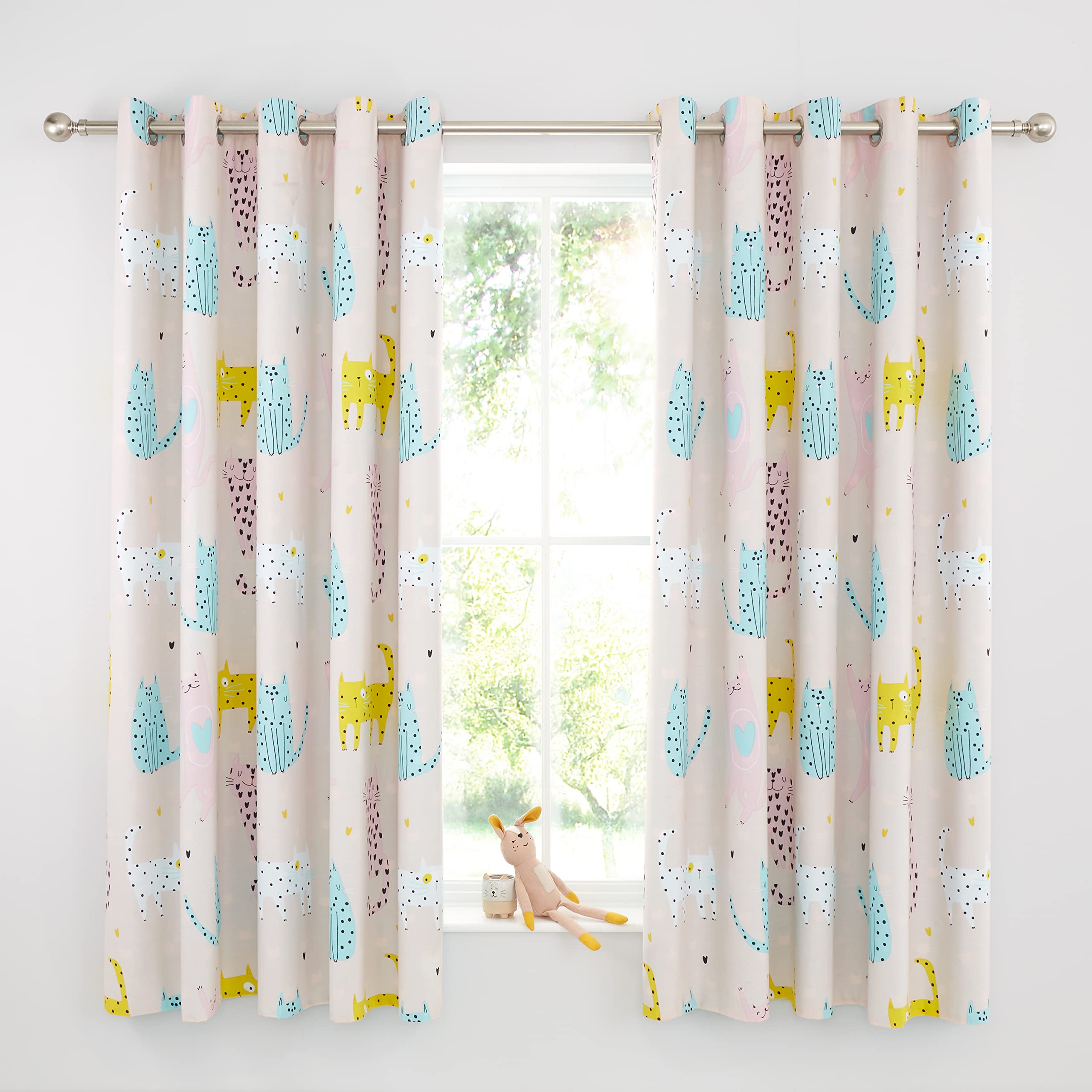 Catherine Lansfield Cute Cats 66x72 Inch Eyelet Curtains Two Panels Pink