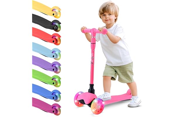 Hurtle 3 Wheel Toddler Scooter - Three Adjustable Heights, Wide Anti-Slip Deck, Kick Scooter for Kids Ages 2-5 w/Fun Light Up