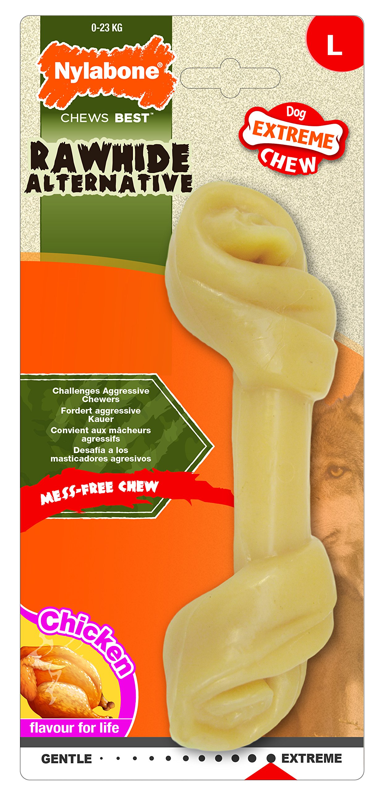 Nylabone Extreme Tough Dog Chew Toy Rawhide Knot Alternative, Mess-Free, Chicken Flavour, Large, for Dogs Upto 23 kg